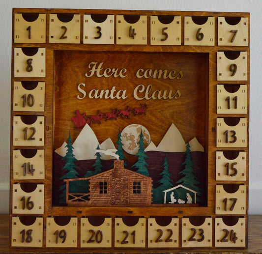 2222 Here Comes Santa: Santa, cabin, nativity 1 square